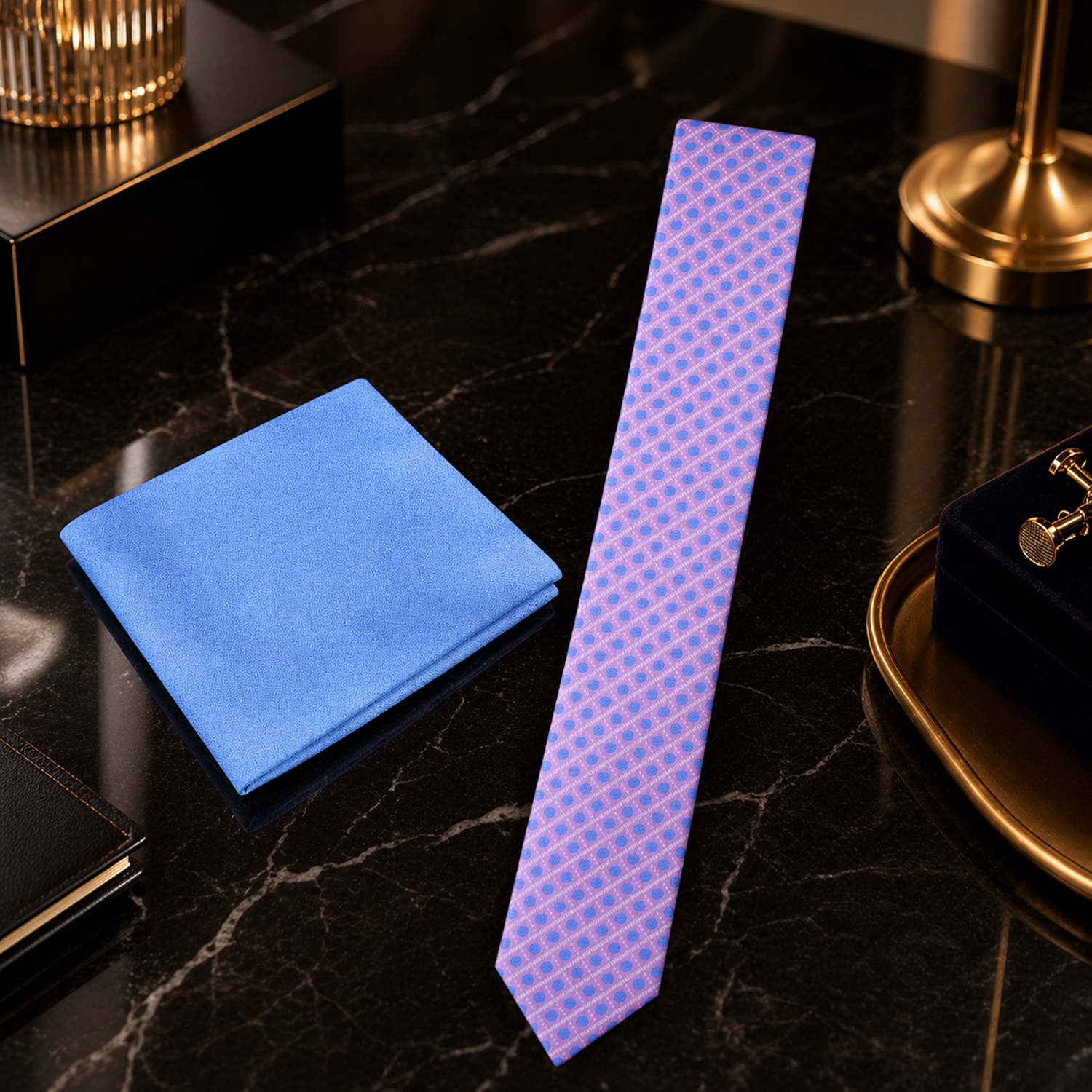 Blue pocket square and pink tie with geometric pattern on a dark marble surface.