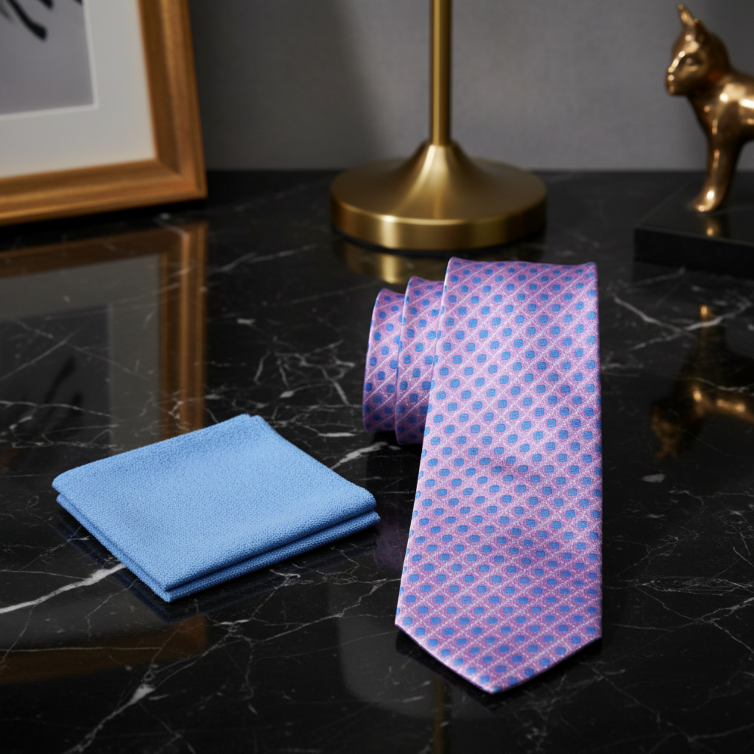 Pink tie with blue polka dots and matching pocket square on a white background