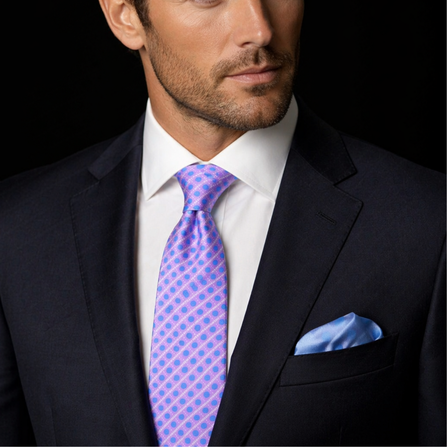 Man wearing a dark suit with a white shirt and blue patterned tie against a black background
