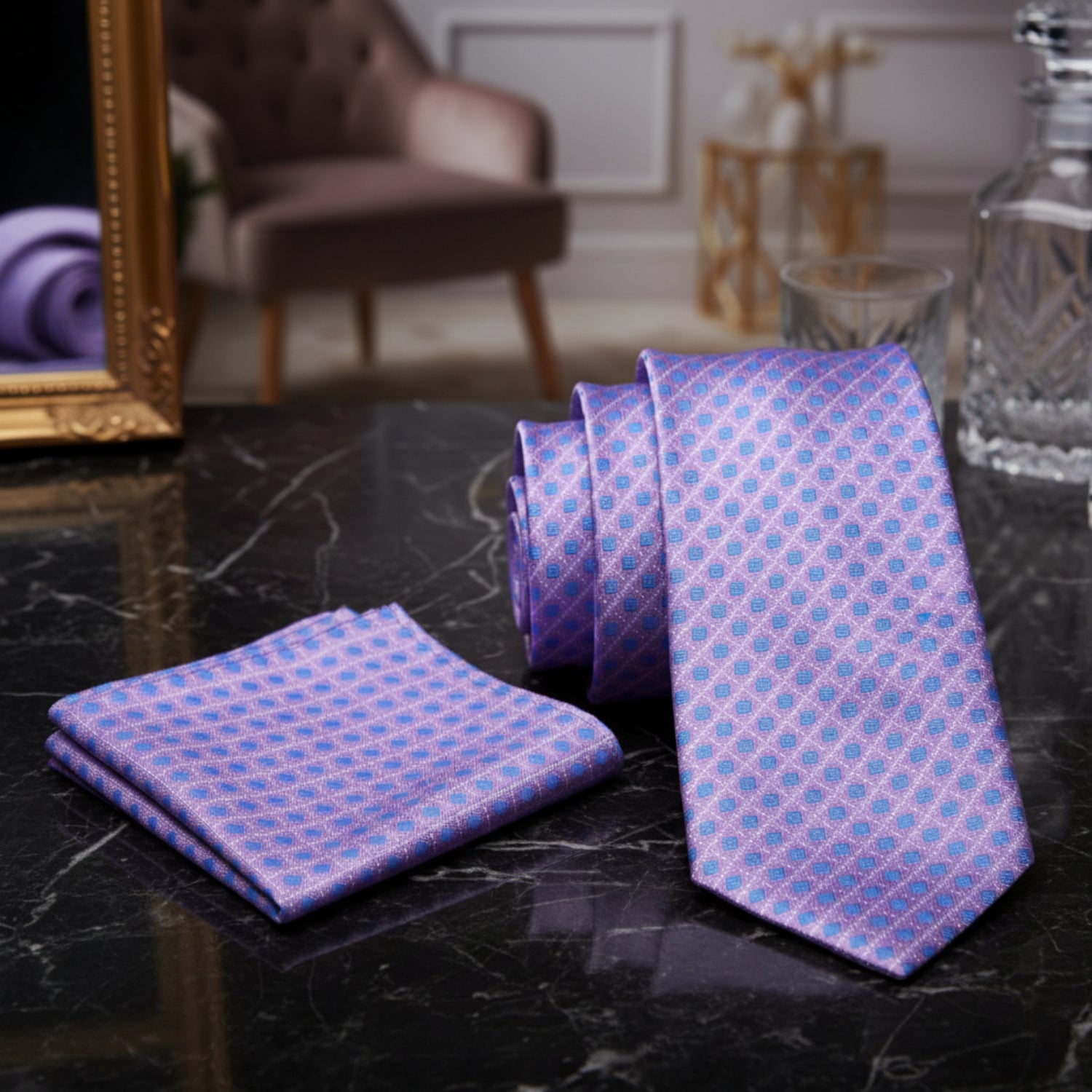 Set of pink tie and pocket square with blue polka dot pattern on a white background