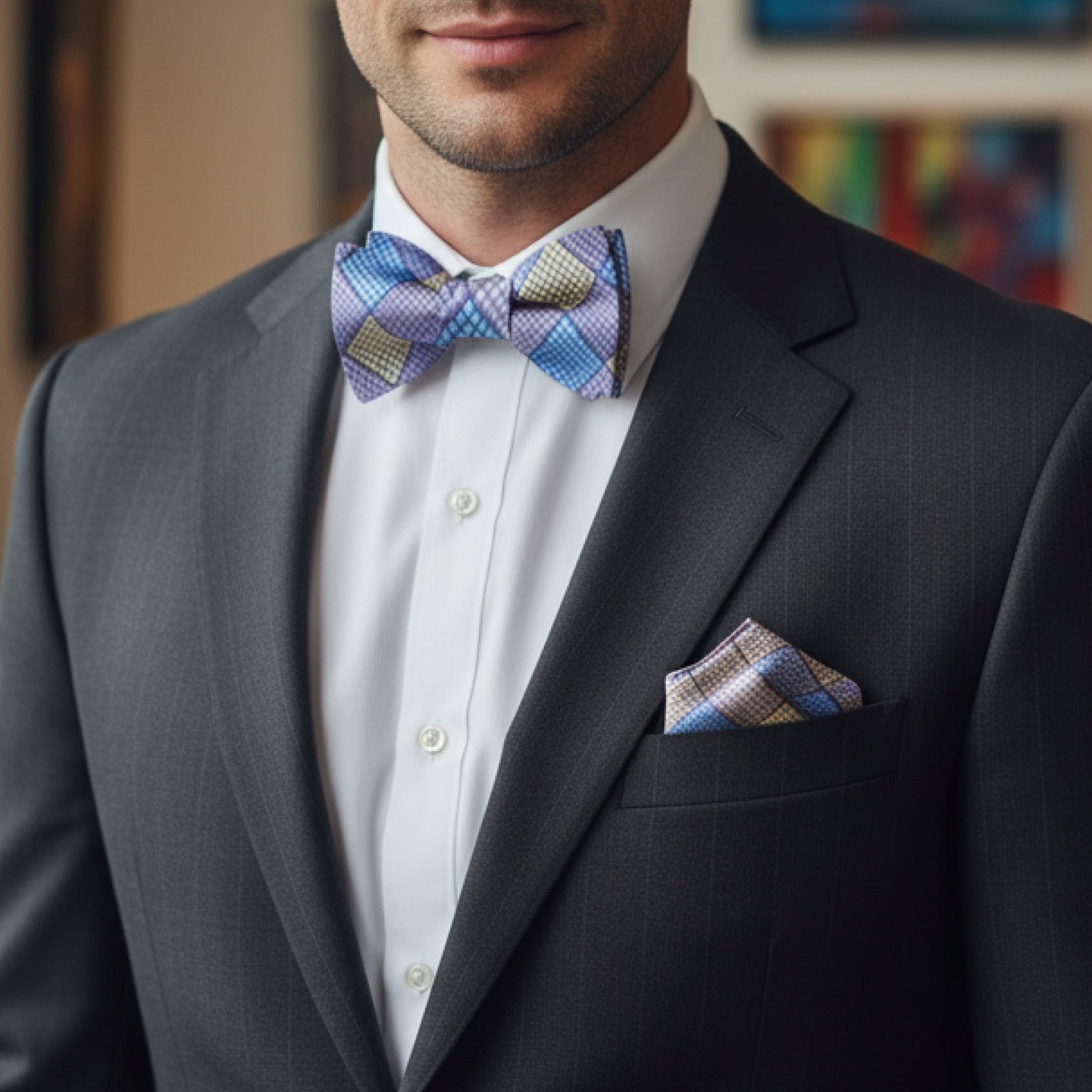 Man wearing a gray suit with a white shirt, blue plaid bow tie, and matching pocket square.