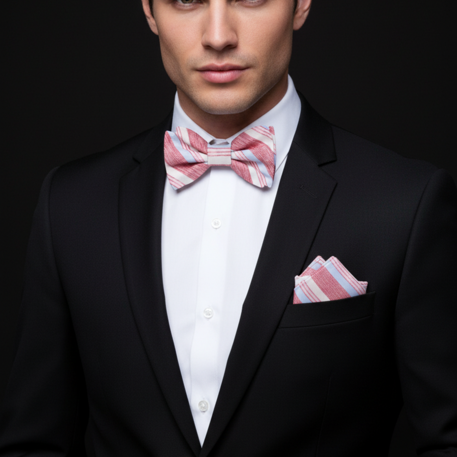 Man wearing a black suit with a pink striped bow tie and pocket square on a dark background