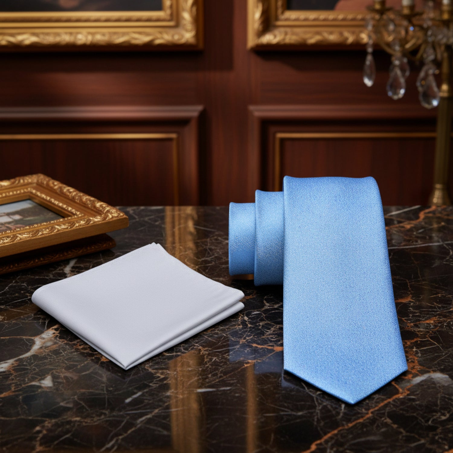 Alt Light Blue Shimmer Thin Tie and Accenting Grey Square