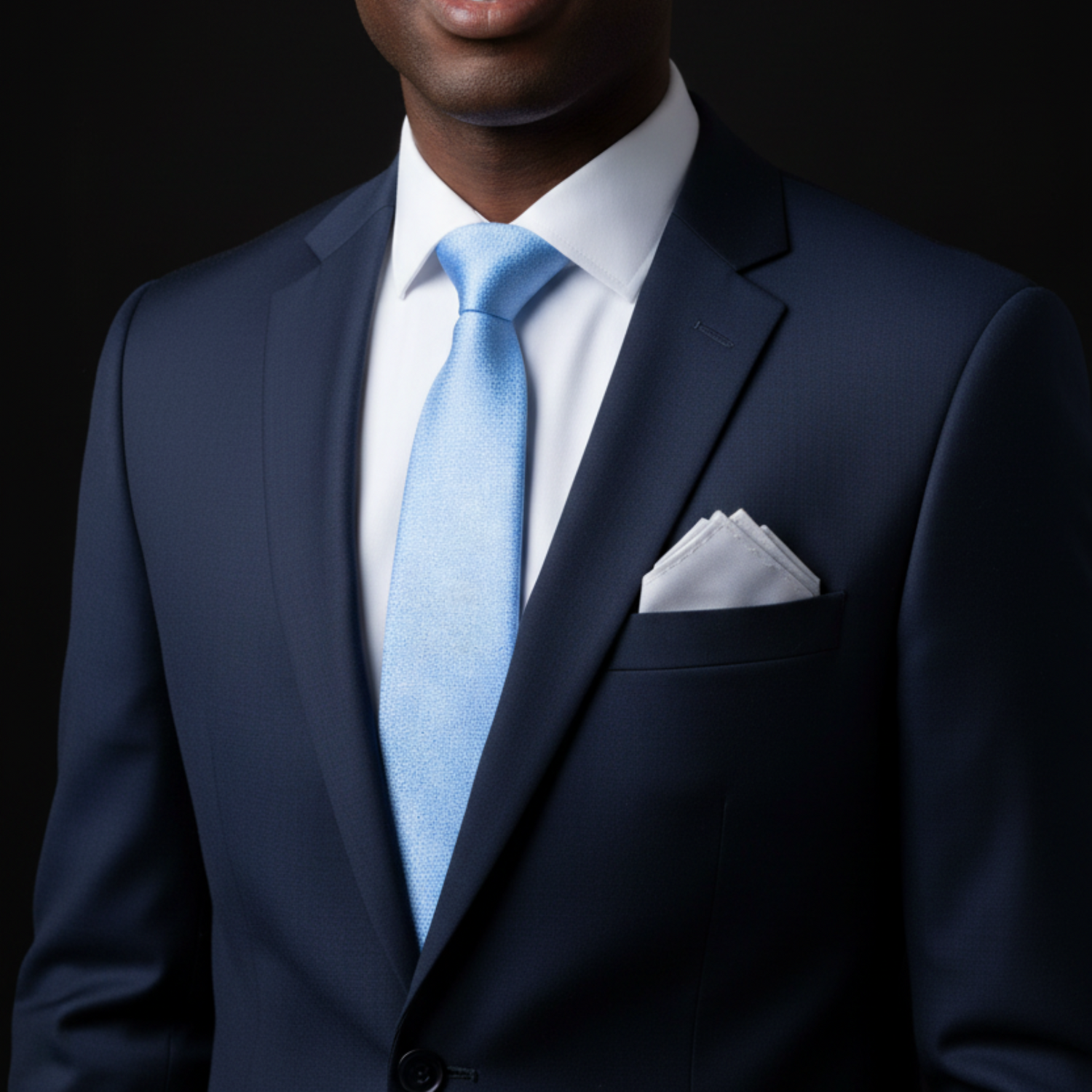 Man wearing a navy suit with a light blue tie and white pocket square on a black background
