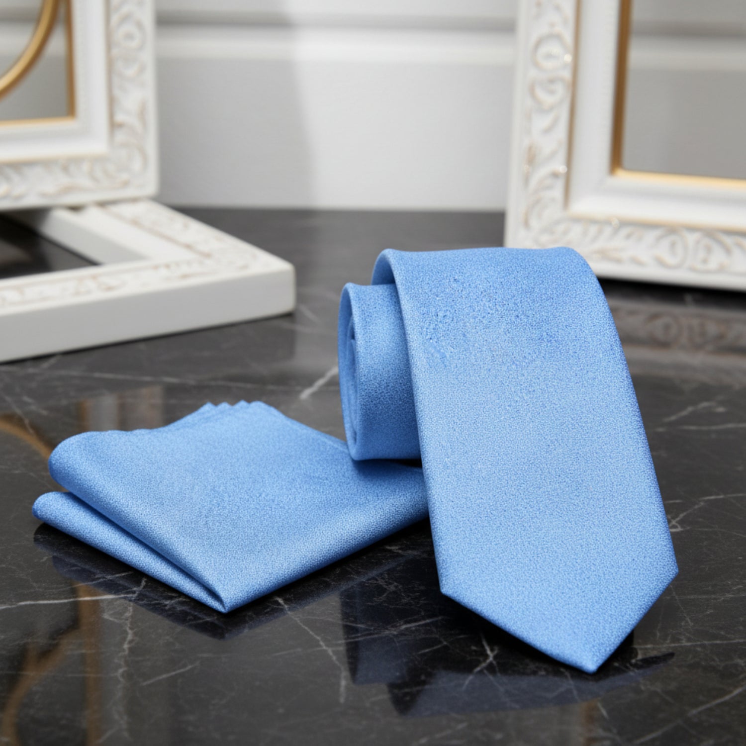 Alt Light Blue Shimmer Thin Tie and Square
