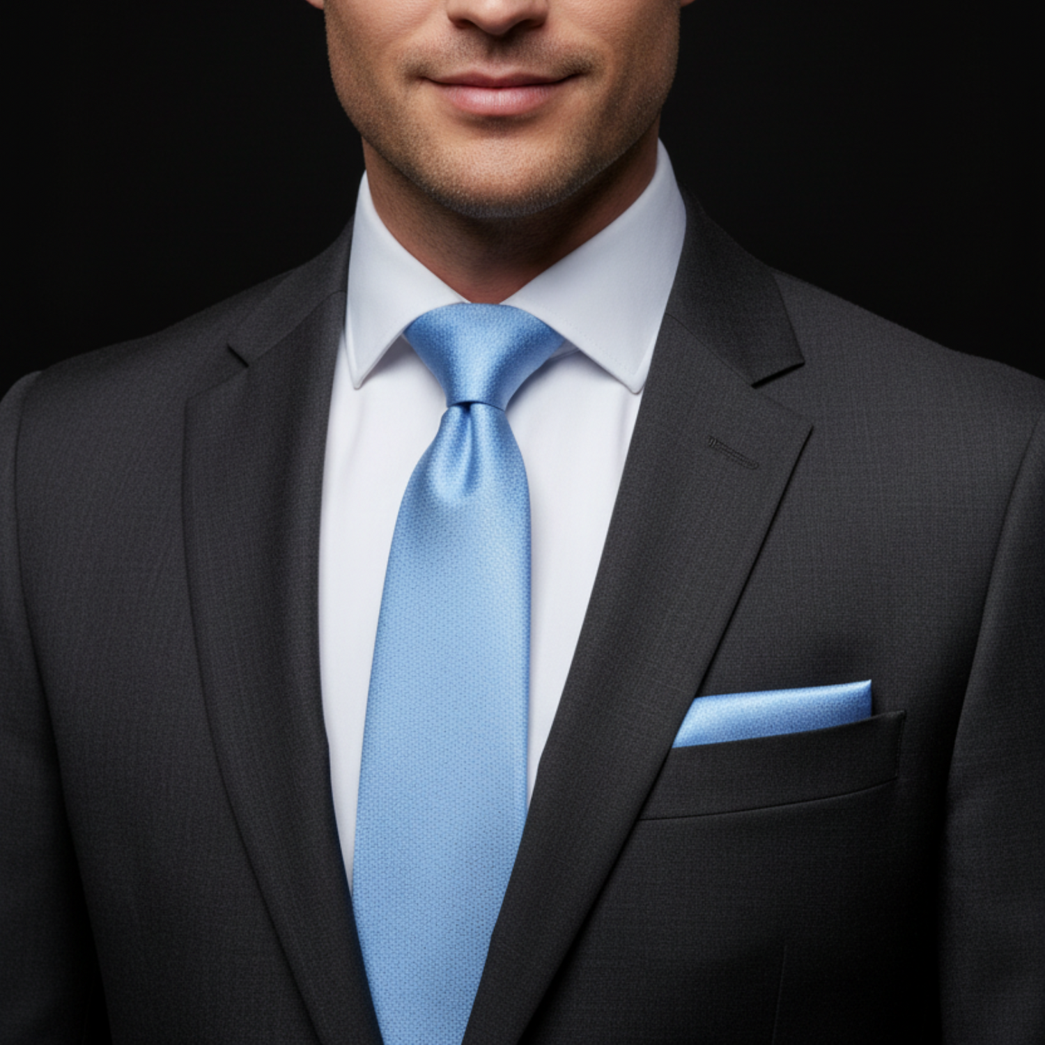 Man wearing a black suit with a blue tie and pocket square on a black background