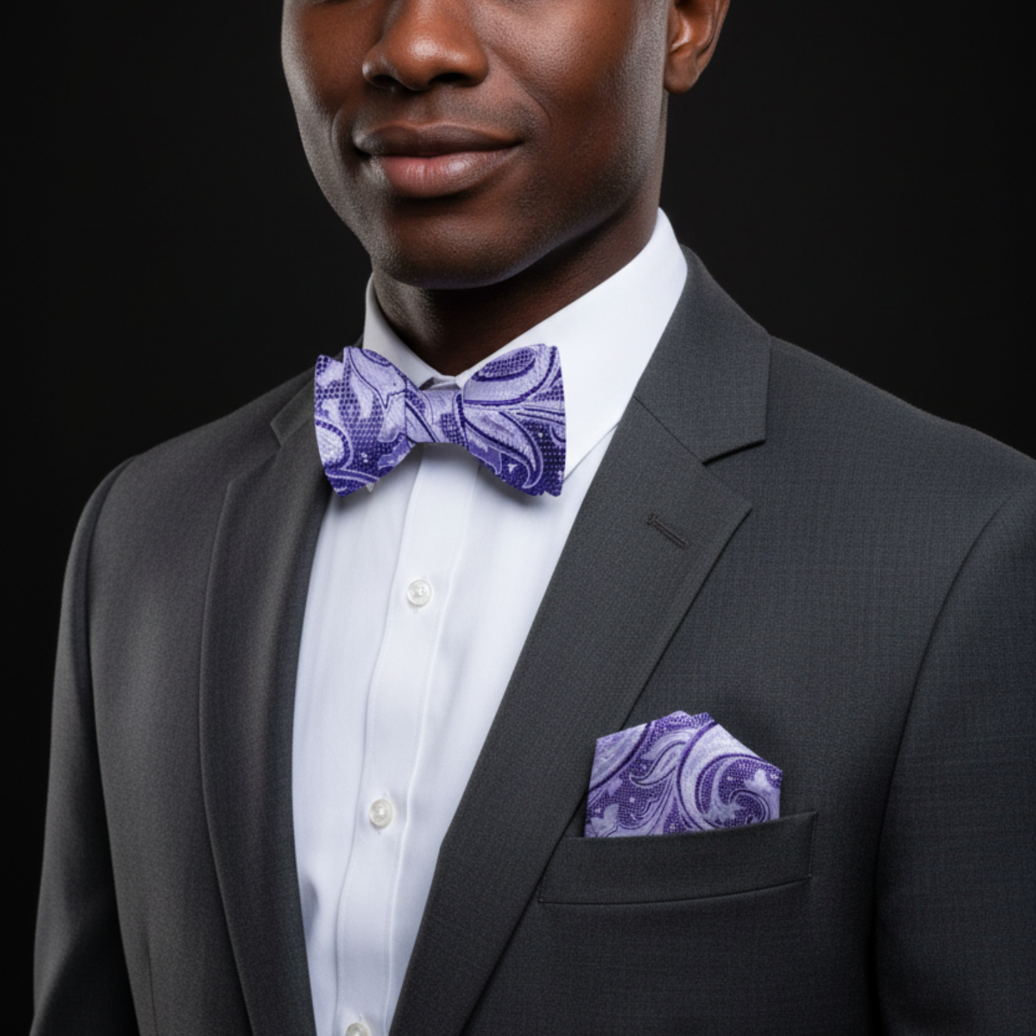 Man wearing a gray suit with a white shirt, purple bow tie, and pocket square on a black background