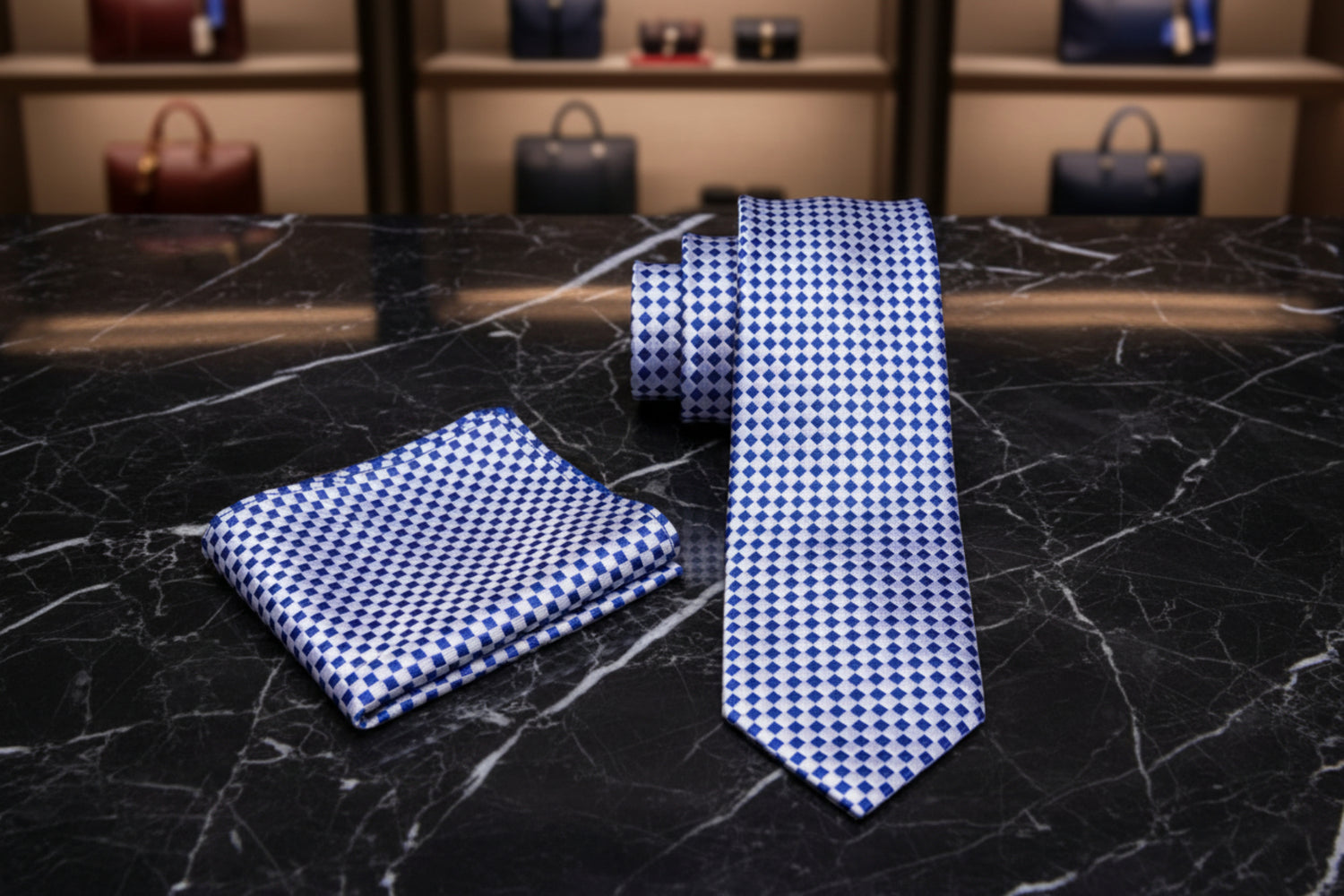 Alt Light Silver, Dark Blue Diamonds Necktie and Square