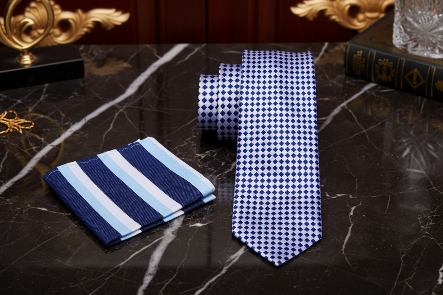 Alt Light Silver, Dark Blue Diamonds Necktie and Accenting Square