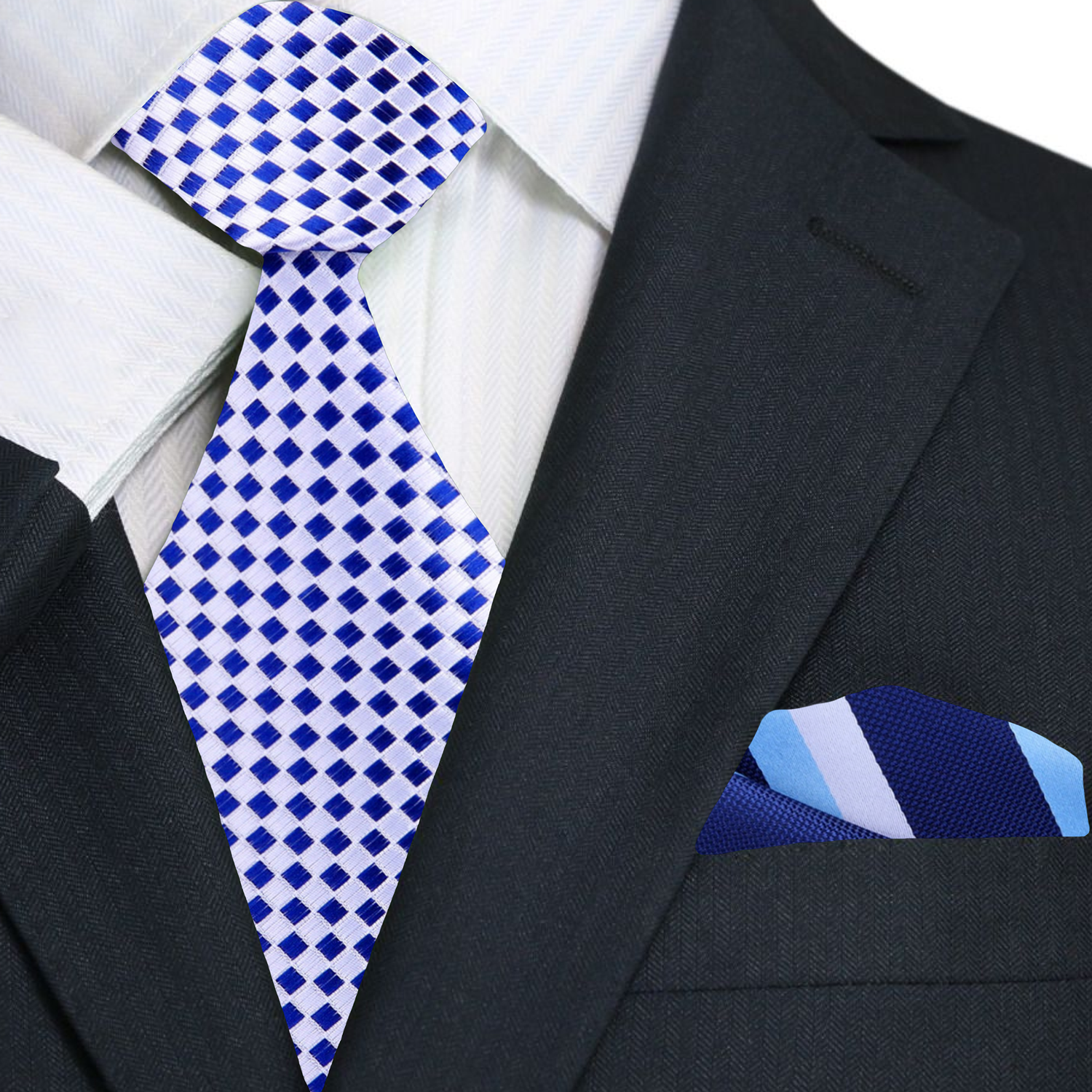 Light Silver, Dark Blue Diamonds Necktie and Accenting Square