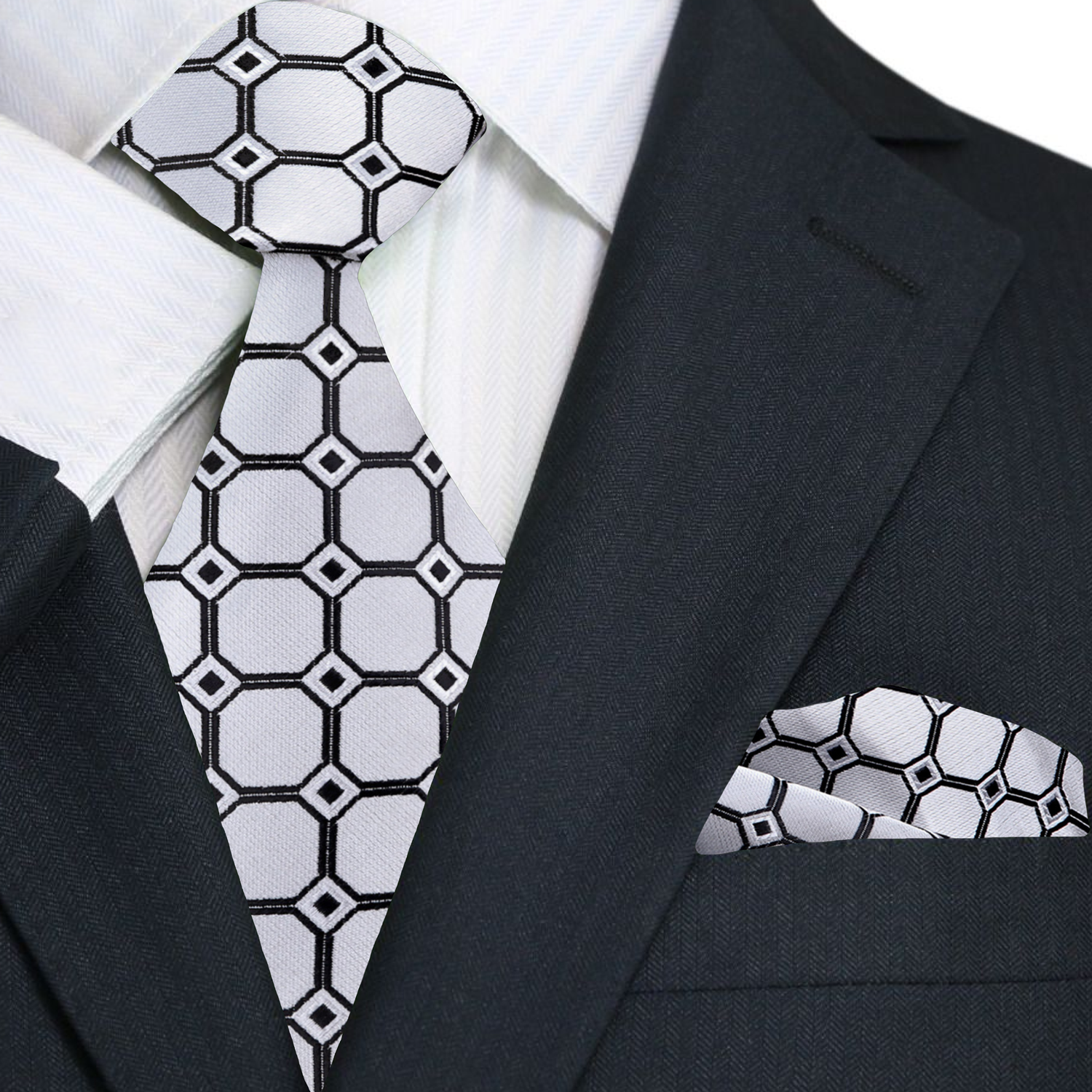 Silver & Pink Geometric Necktie with Matching Pocket Square Option