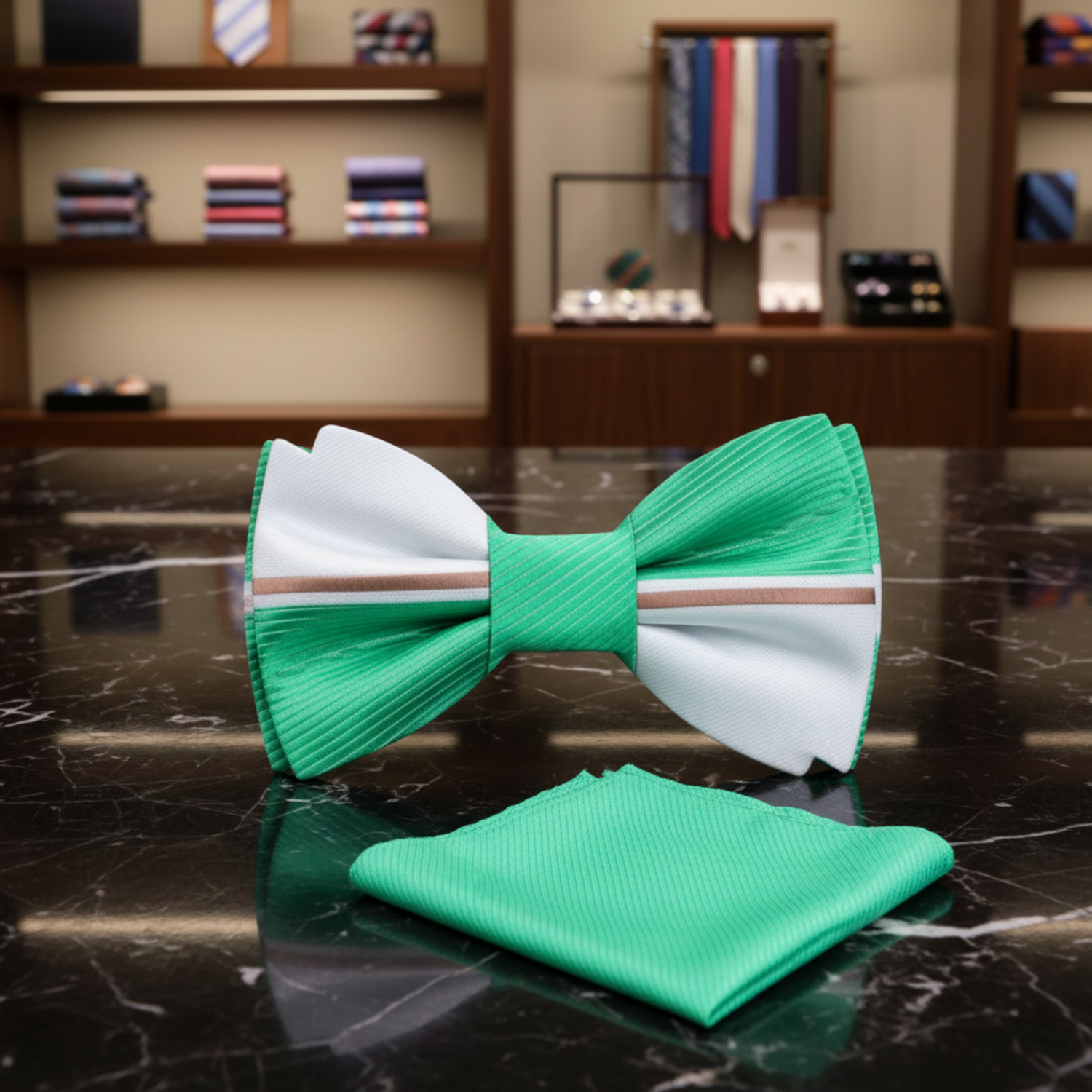 Light Grey, Light Green Lined Bow Tie and Pocket Square||Light Silver, Light Green