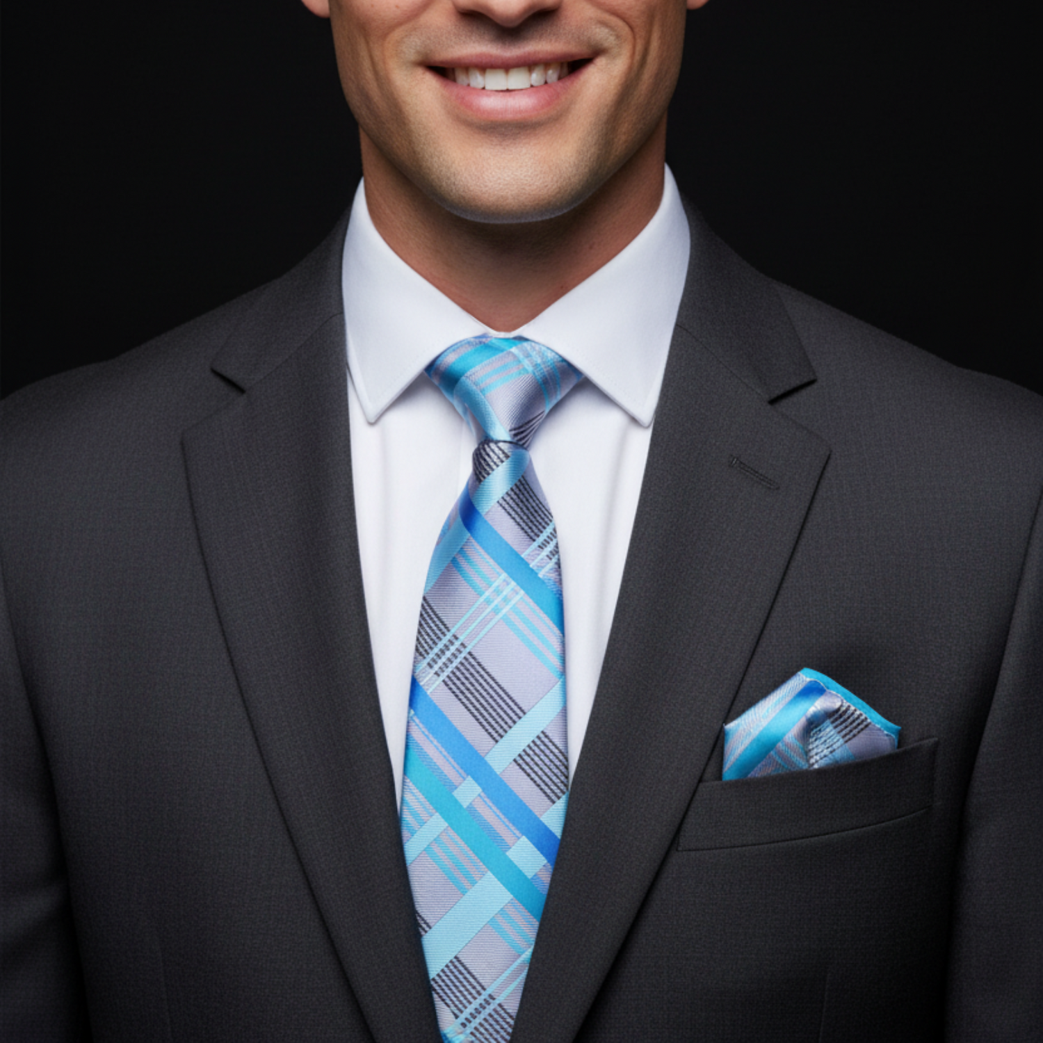 Man wearing a gray suit with a blue plaid tie and pocket square on a black background