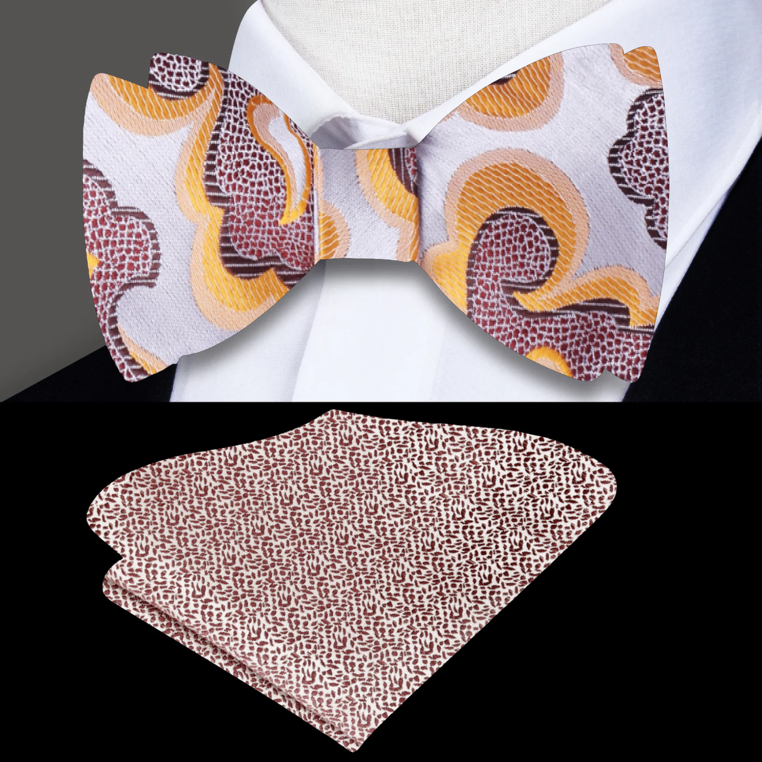 Light Silver, Brown and Orange Abstract Bow Tie and Accenting Square