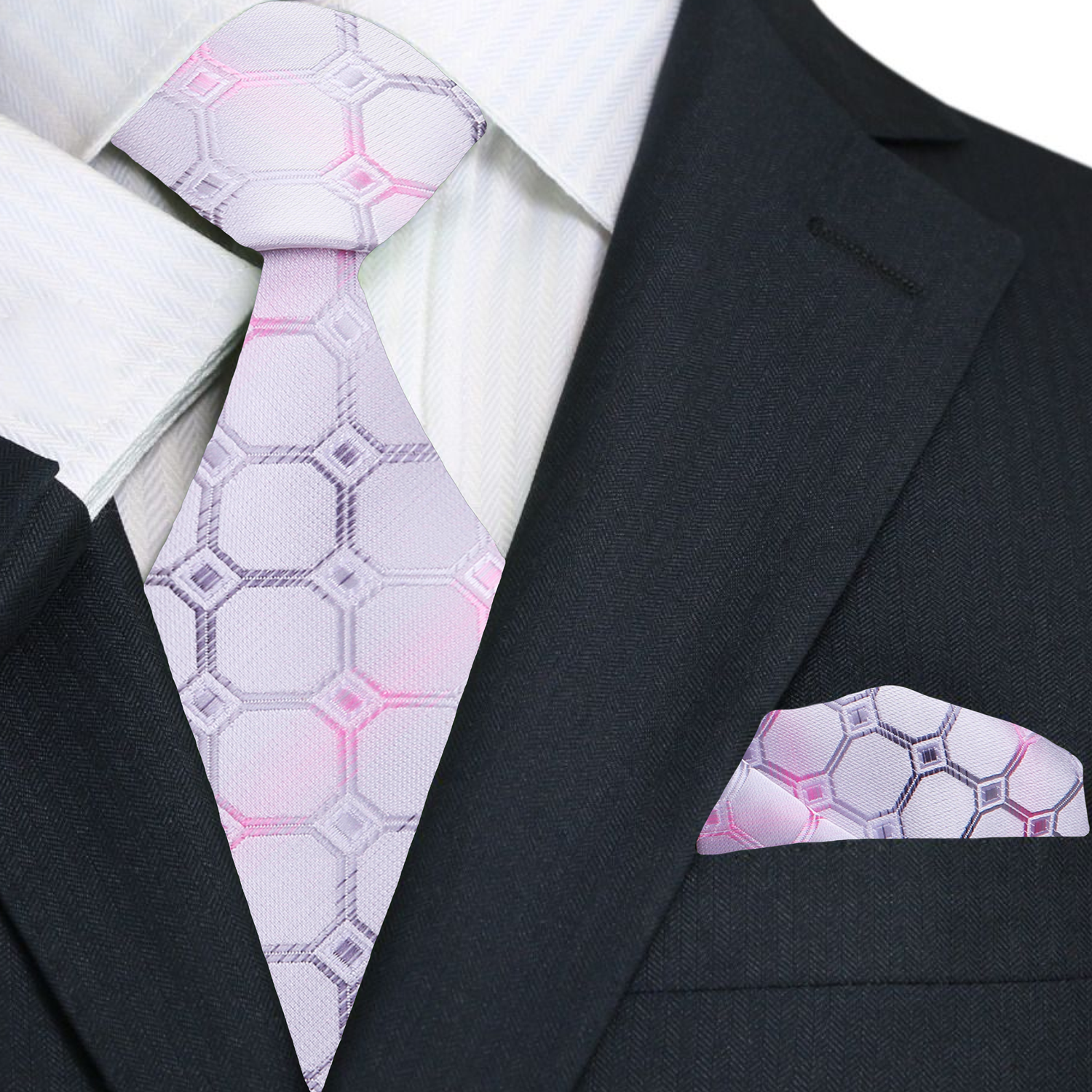 Black suit with white shirt, pink and gray patterned tie, and matching pocket square.