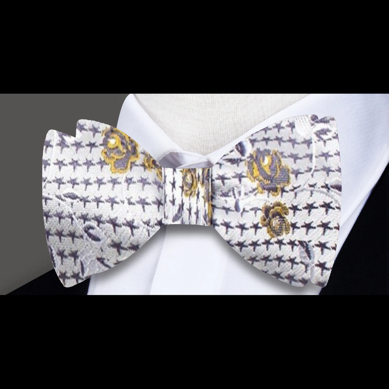 A Cream Intricate Floral Pattern Silk Self Tie Bow Tie 