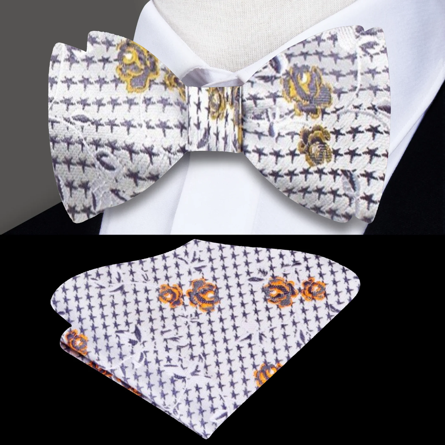 A Cream Intricate Floral Pattern Self Tie Bow Tie, Matching Pocket Square
