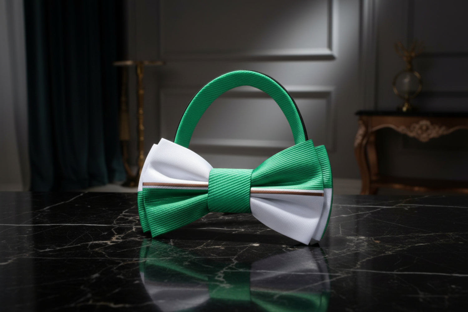 Light Grey, Light Green Lined Bow Tie Pre Tied