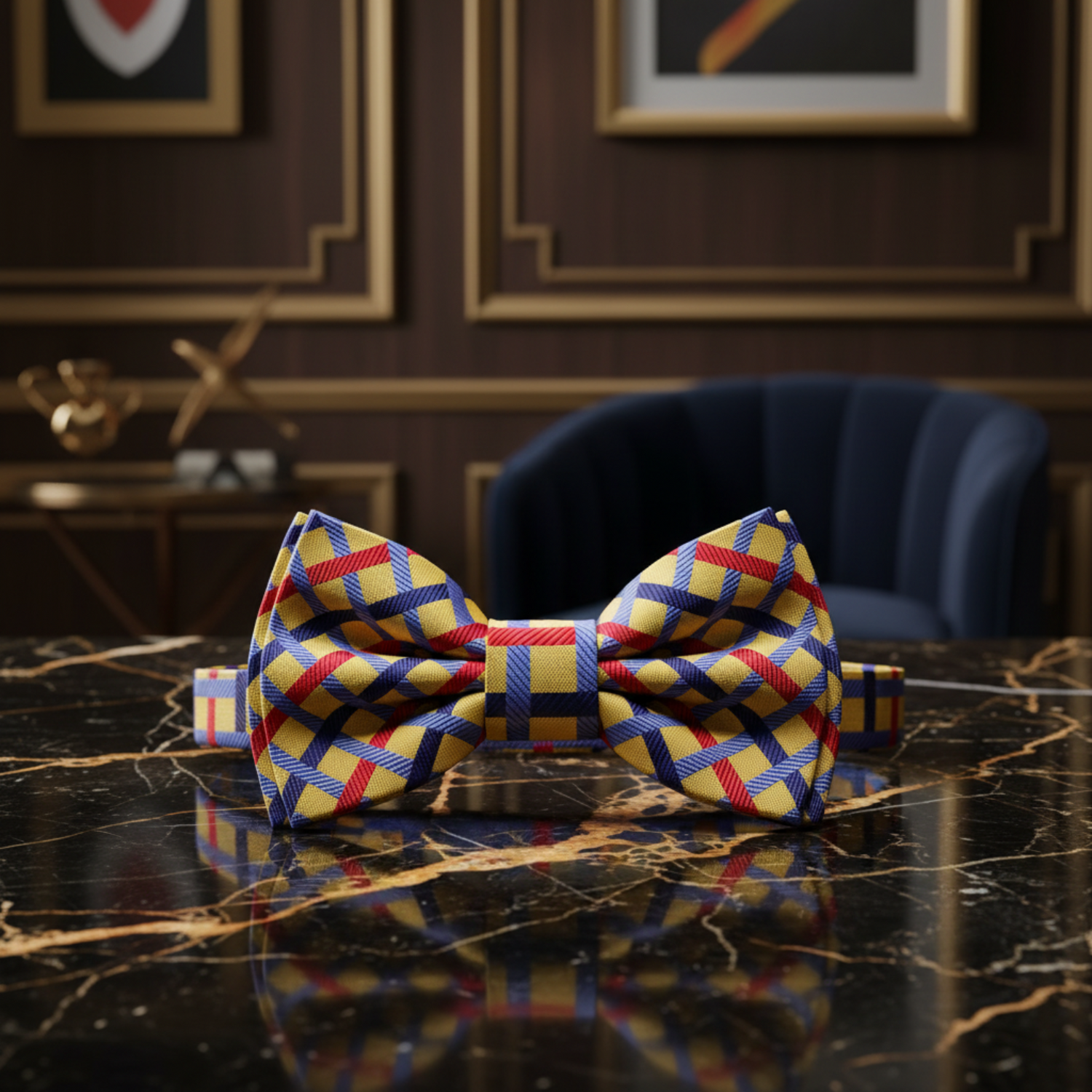 A Light Gold, Light Blue, Blue, Red Interlocking Lines Pattern Pre Tied Bow Tie