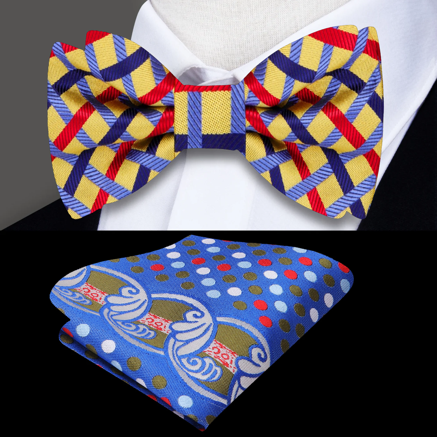 Main: A Light Gold, Light Blue, Blue, Red Interlocking Lines Pattern Silk Pre Tied Bow Tie, Accenting Pocket Square