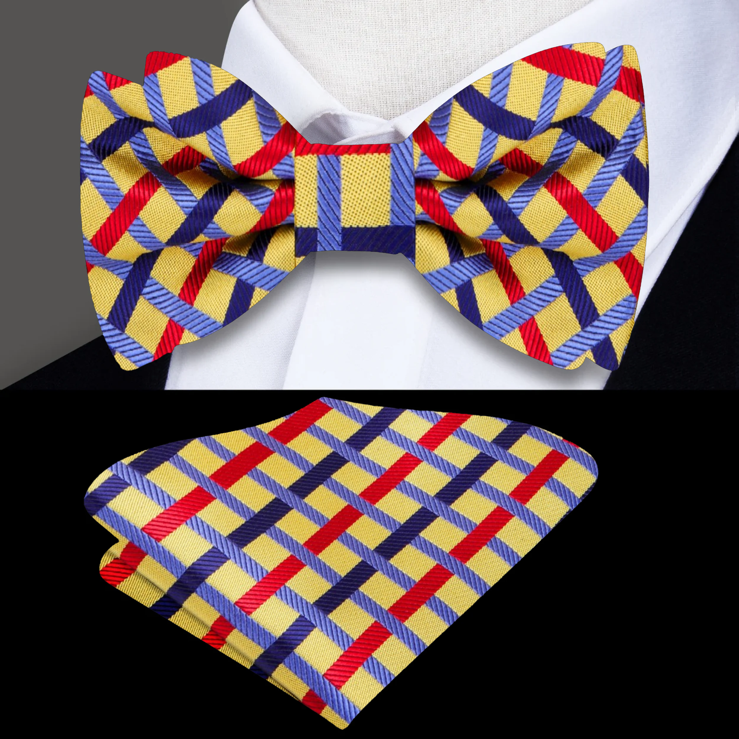 Main: A Light Gold, Light Blue, Blue, Red Interlocking Lines Pattern Silk Pre Tied Bow Tie, Matching Pocket Square