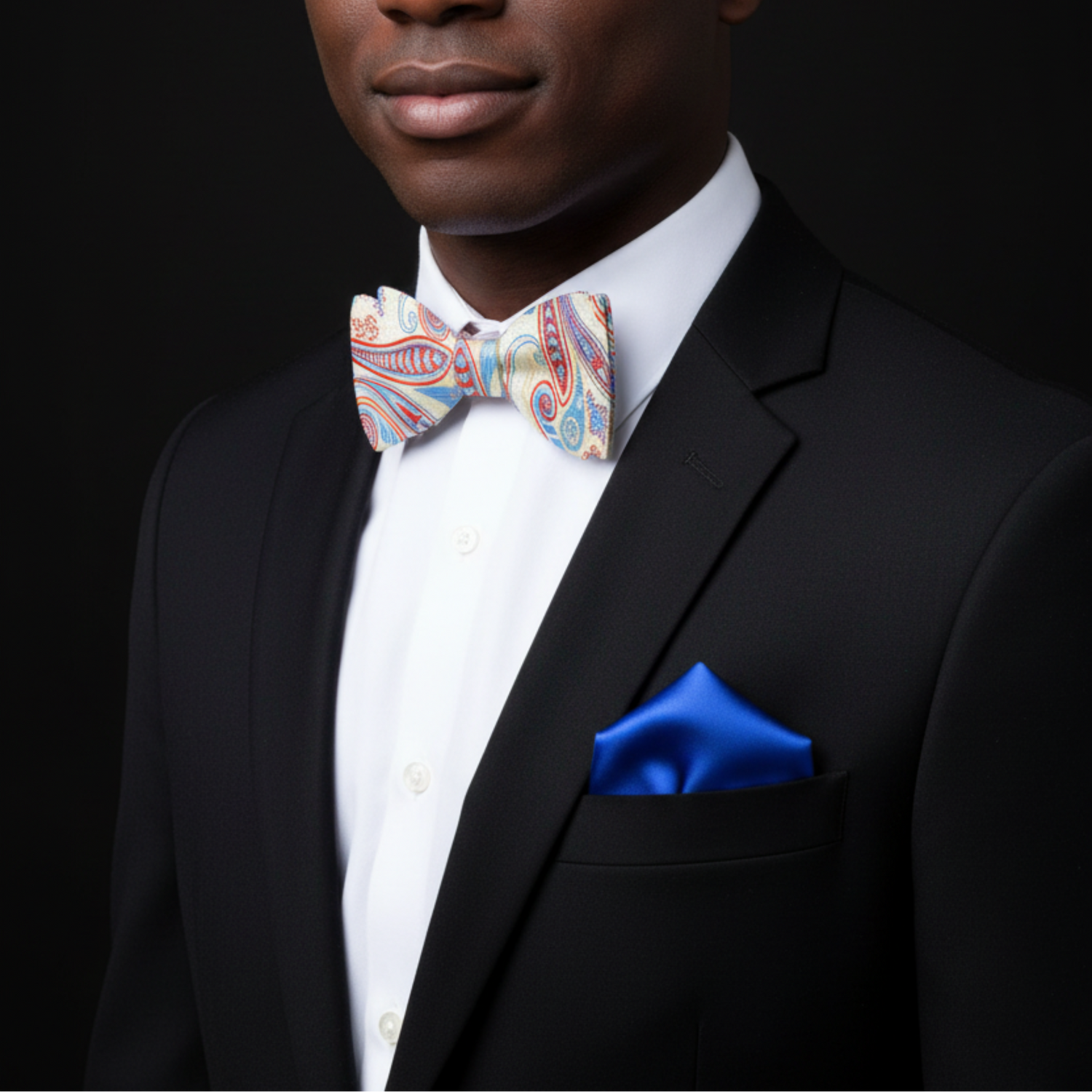Man wearing a black suit with a colorful bow tie and blue pocket square on a black background