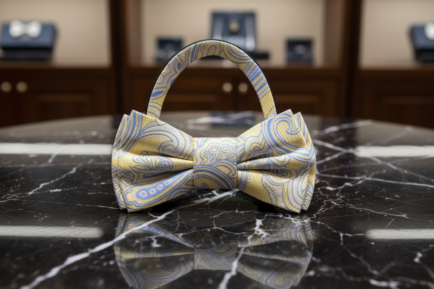 Yellow and Blue Paisley Bow Tie Pre Tied