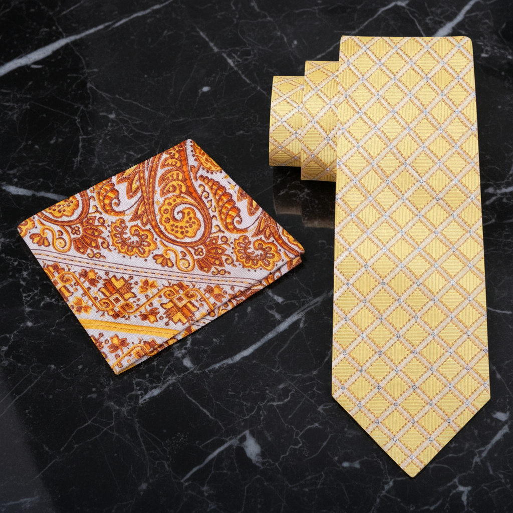 View 2: Light Gold Geometric Necktie and Accenting Square