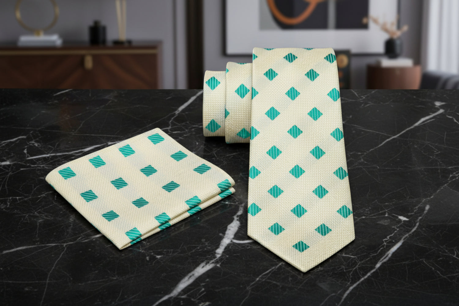 Alt: Yellow Green Diamonds Necktie and Square