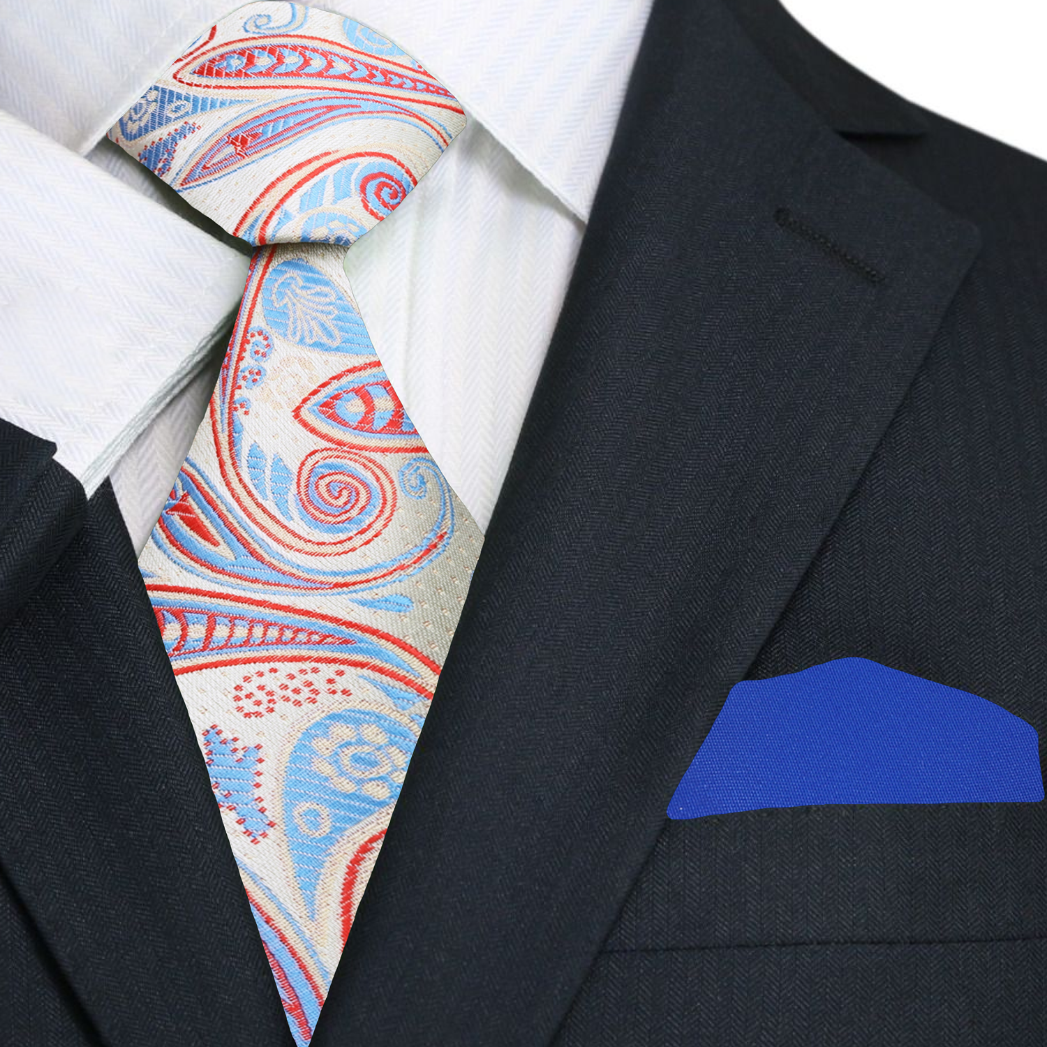 Premium Light Yellow, Red, Blue Paisley Tie and Blue Square