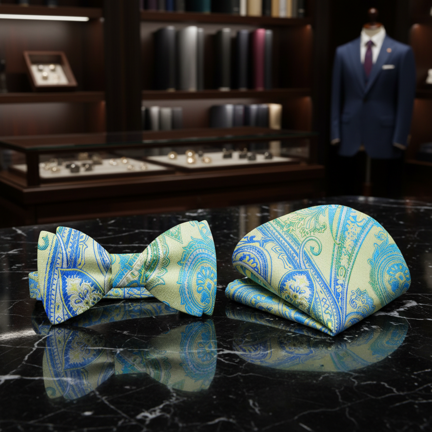 Main: Green Blue Paisley Bow Tie and Pocket Square