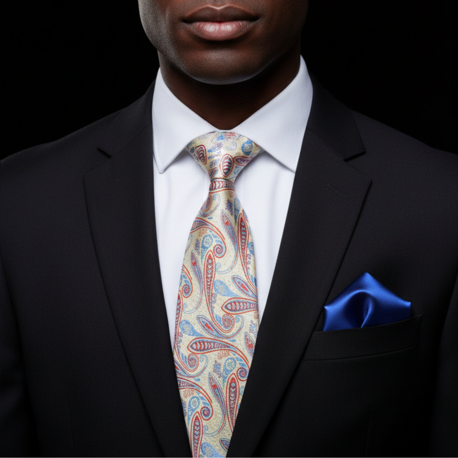 Man wearing a black suit with a colorful paisley tie and blue pocket square on a black background