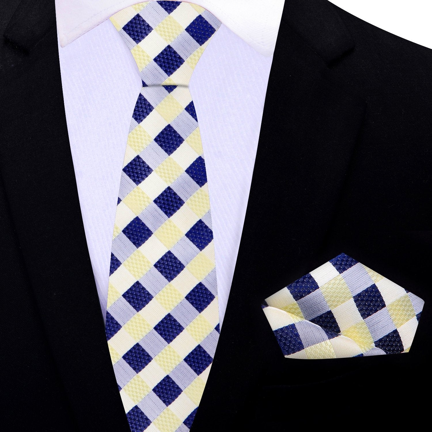 Yellow and Blue Check Thin Tie and Square