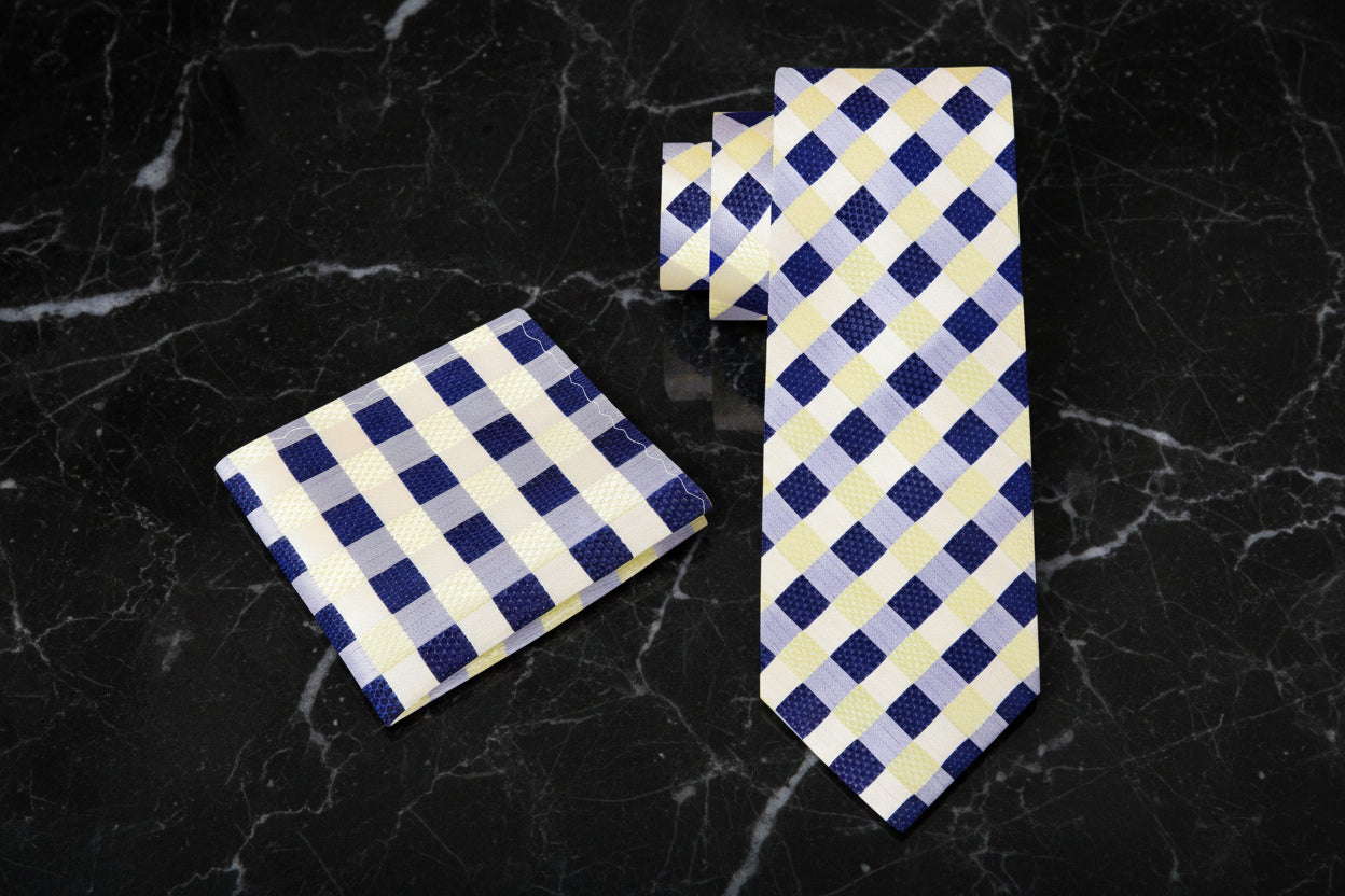 Alt A Yellow, Blue Check Pattern Necktie, Matching Pocket Square