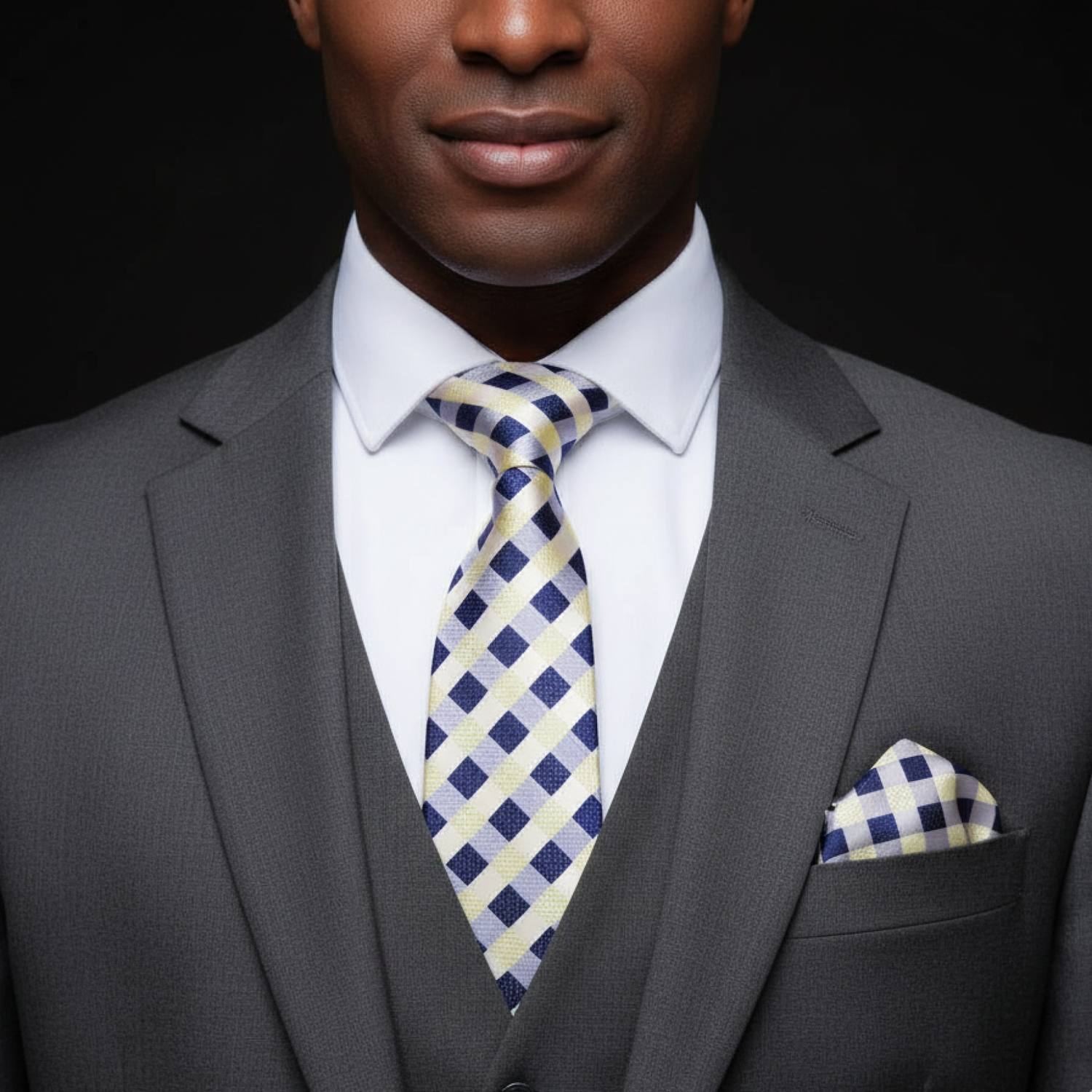 Man wearing a gray suit with a checkered tie and pocket square on a black background