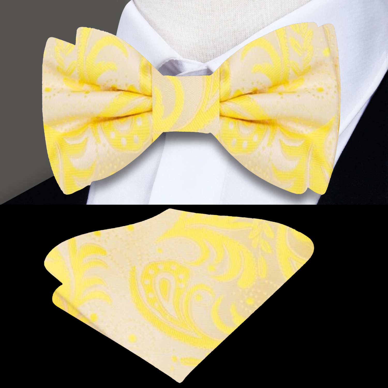 A Light Yellow Paisley Pattern Silk Self Tie Bow Tie, Matching Pocket Square||Yellow