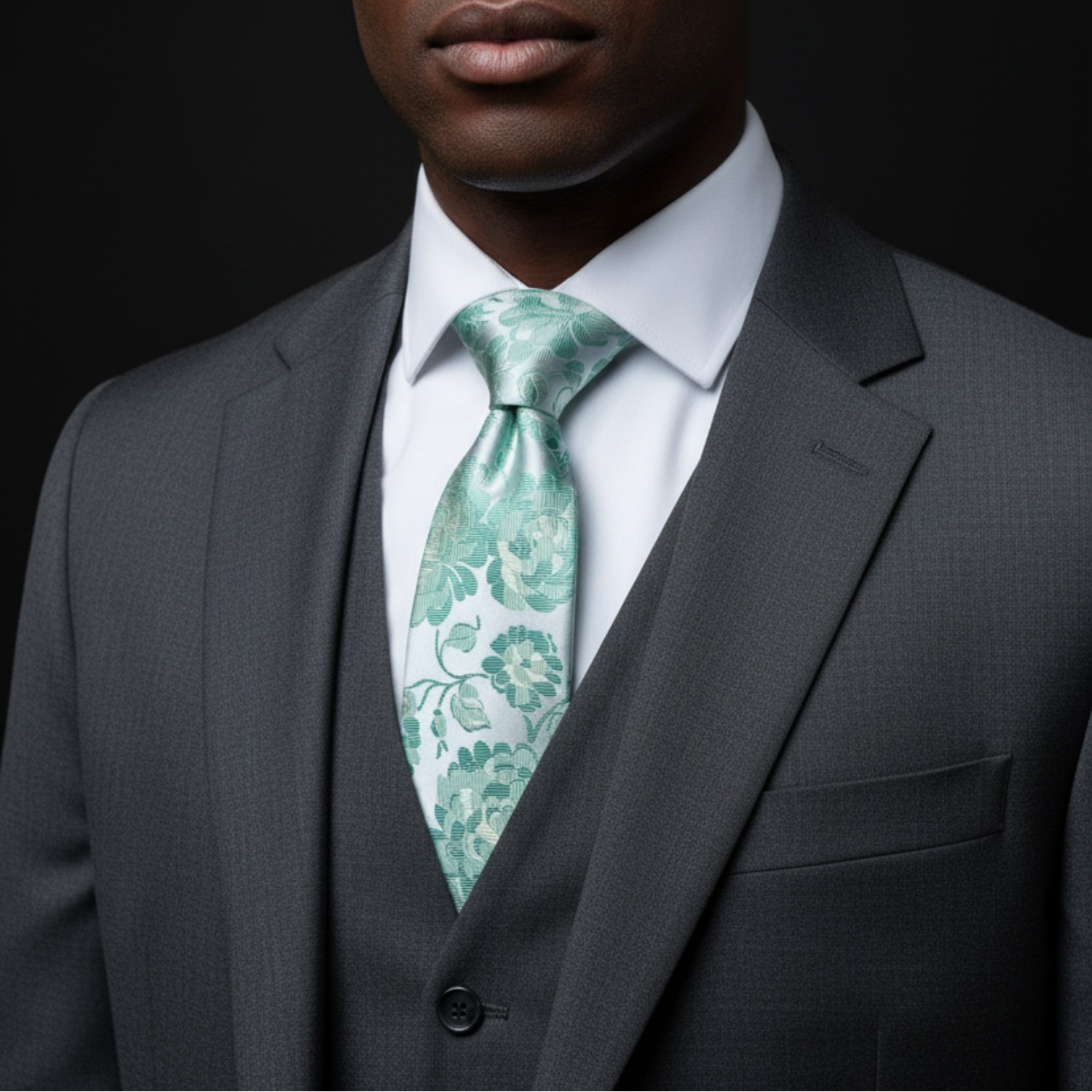 Man wearing a gray suit with a green floral tie against a black background