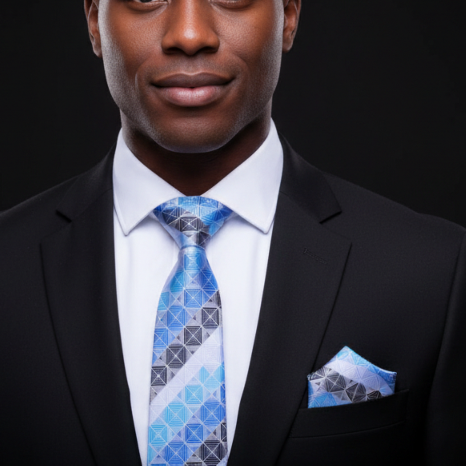 Geometric Block Necktie & Handkerchief | Blue or Neutral Pattern Tie & Square