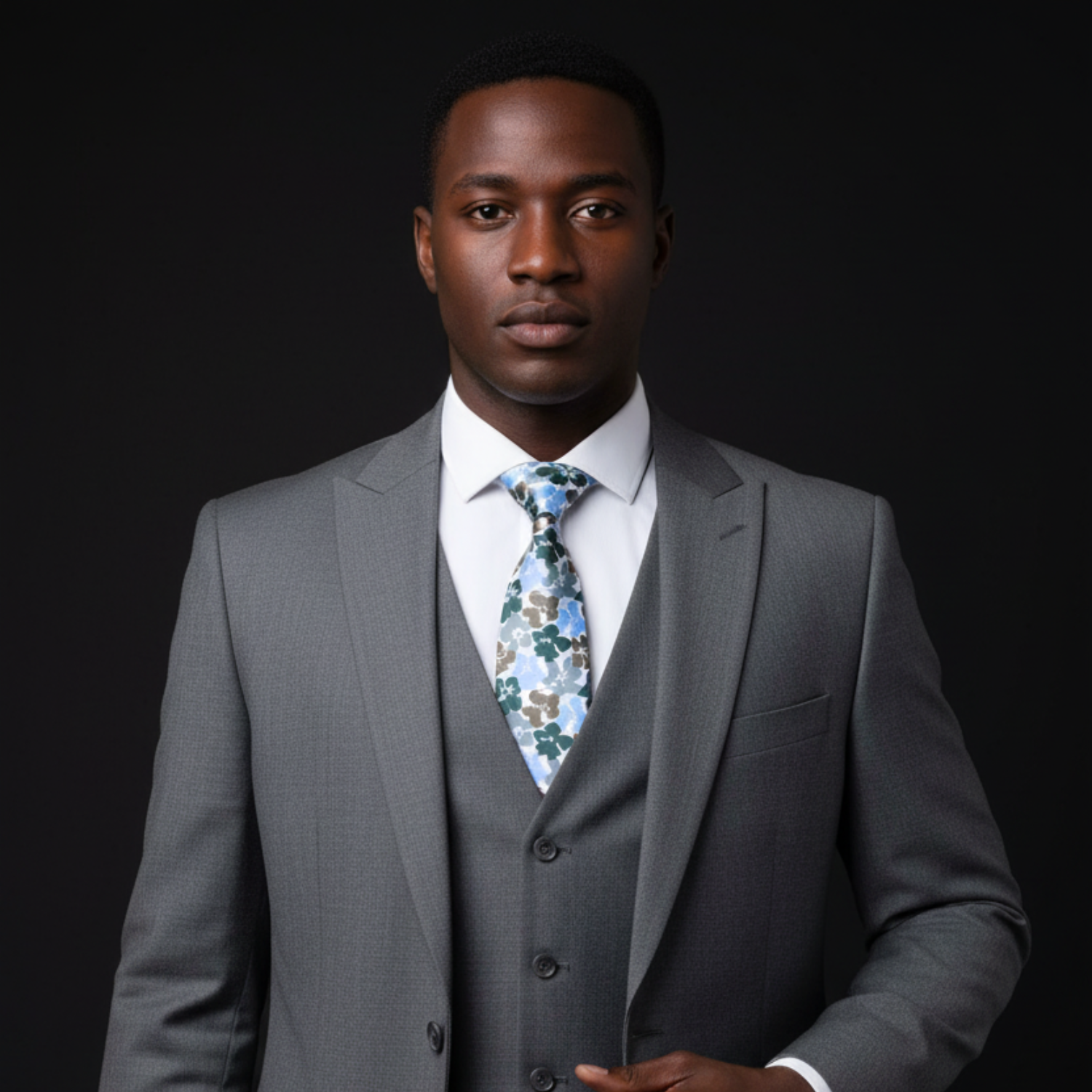 Man wearing a gray suit with a floral tie against a black background