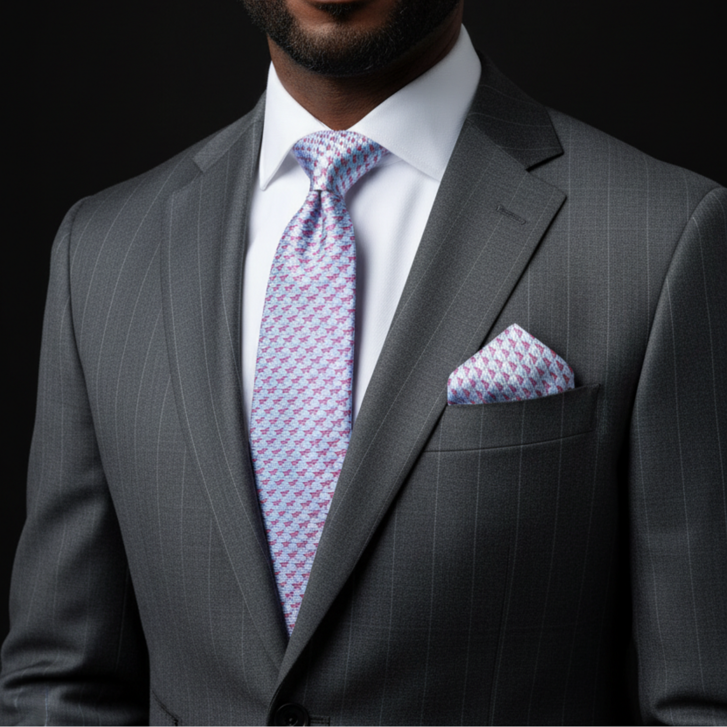 Man wearing a gray suit with a patterned tie and pocket square on a black background