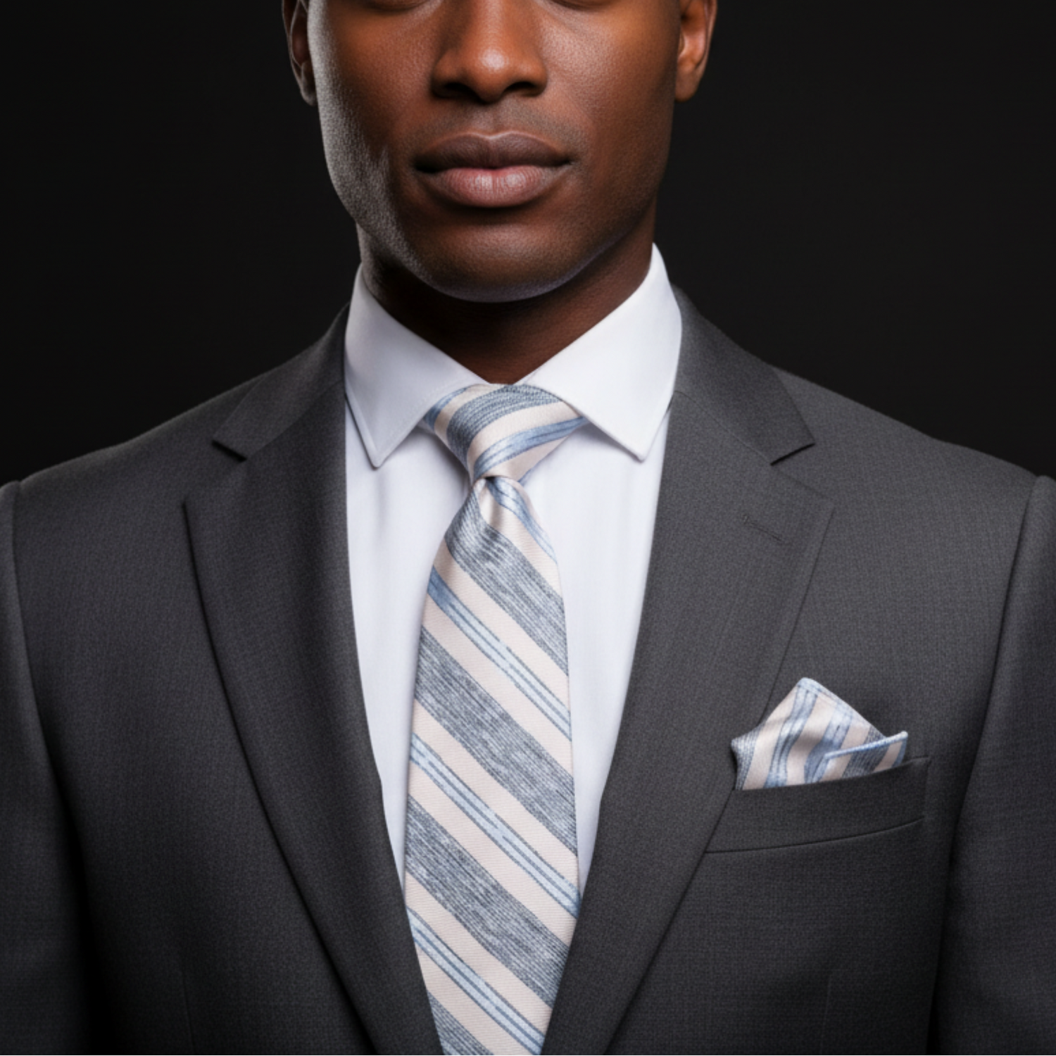 Man wearing a gray suit with a striped tie and pocket square on a black background