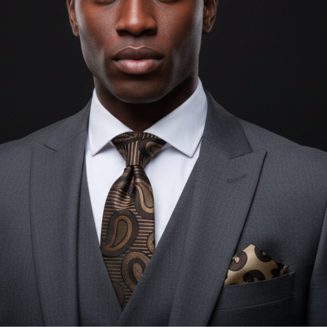 Man wearing a gray suit with a patterned tie and pocket square on a black background