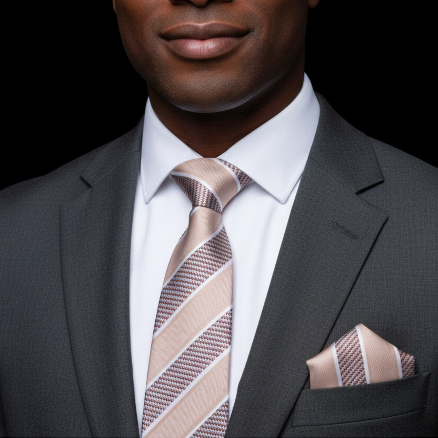 Man wearing a gray suit with a striped tie and pocket square on a black background
