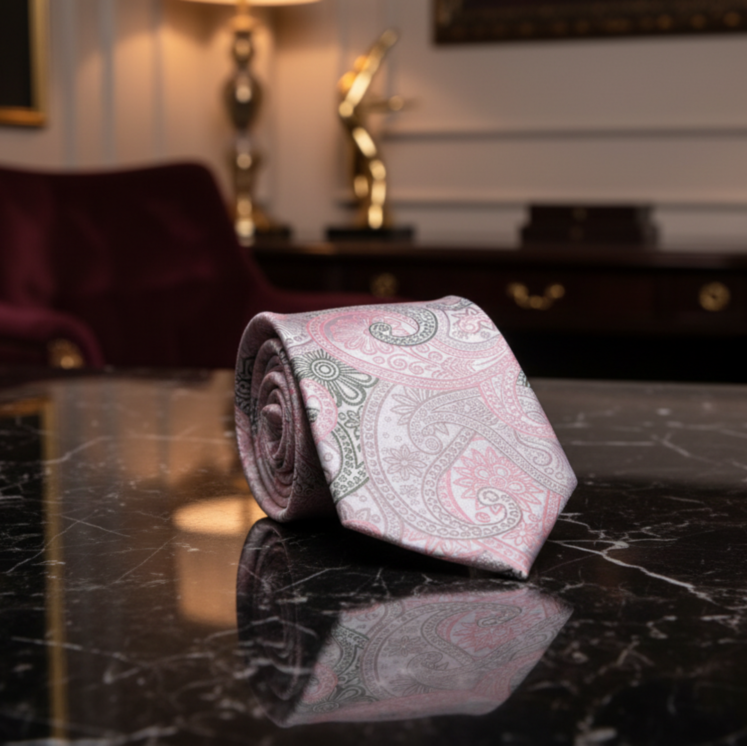 Pink paisley tie on a dark marble surface with a blurred background