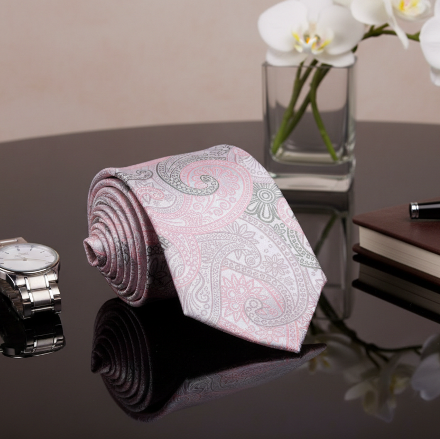 Pink & Olive Paisley Necktie | Refined Color with Artistic Detail