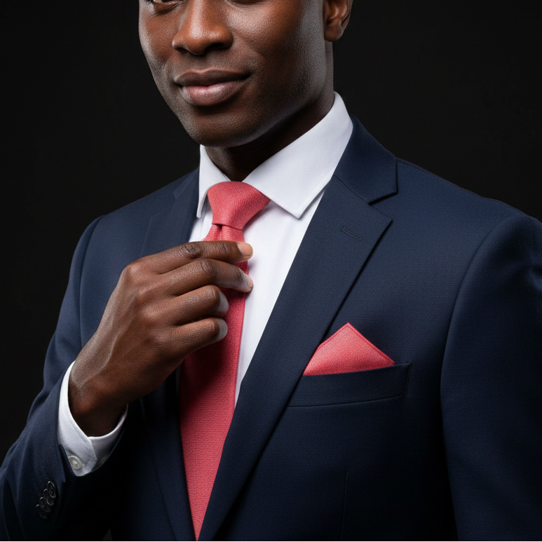 Man adjusting a red tie with a dark suit and black background
