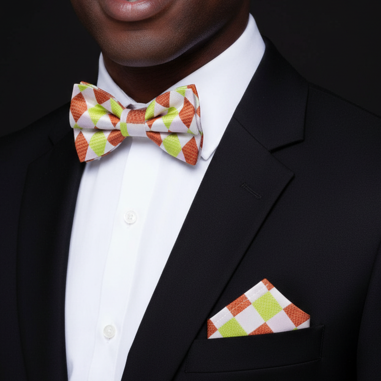 A Lime, Brown Geometric Pattern Pre Tied Bow Tie, Matching Pocket Square on Man