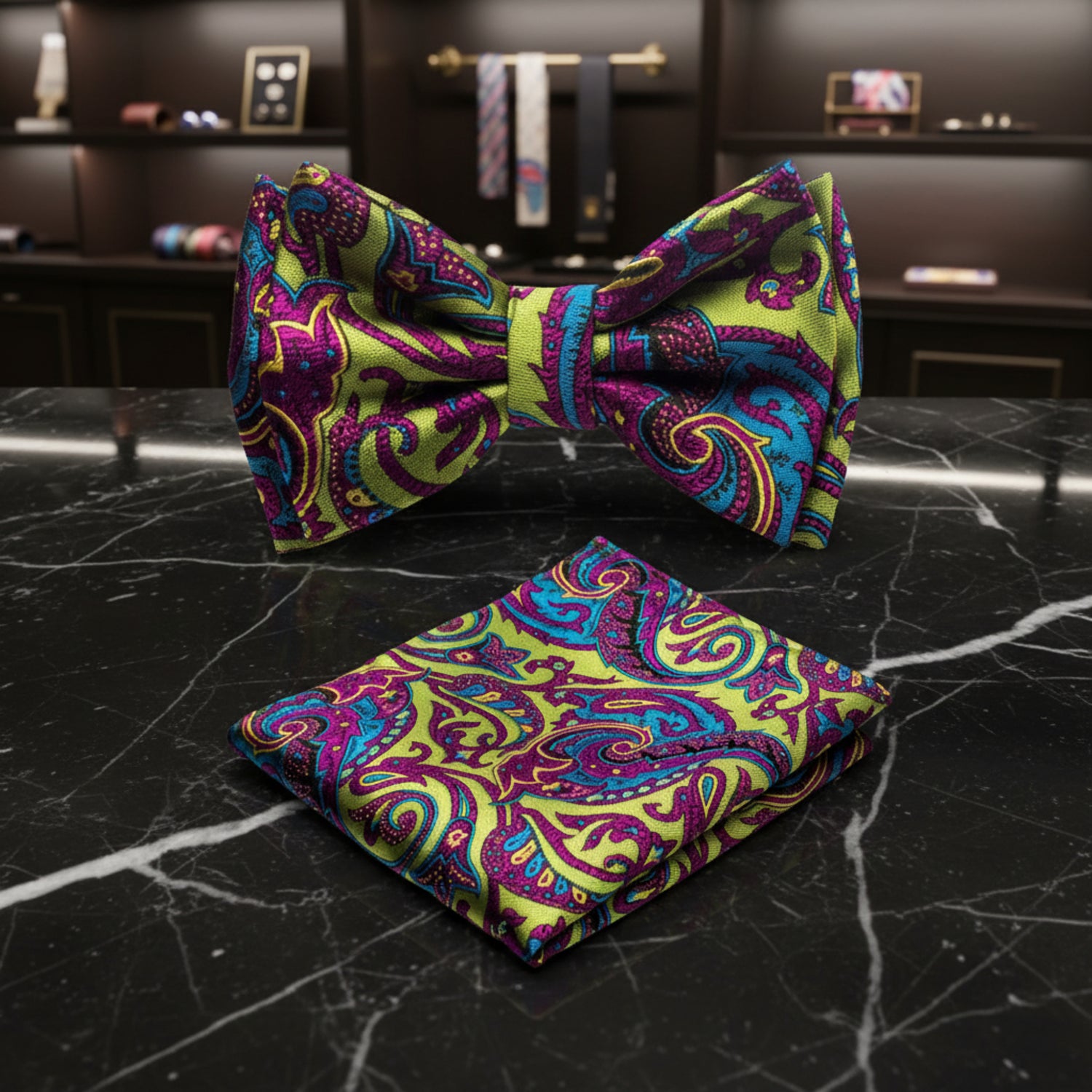 A matching men's formal accessory set featuring a pre-tied bow tie and a folded pocket square, both in a vibrant paisley pattern of lime green, magenta, and turquoise on a white background.
