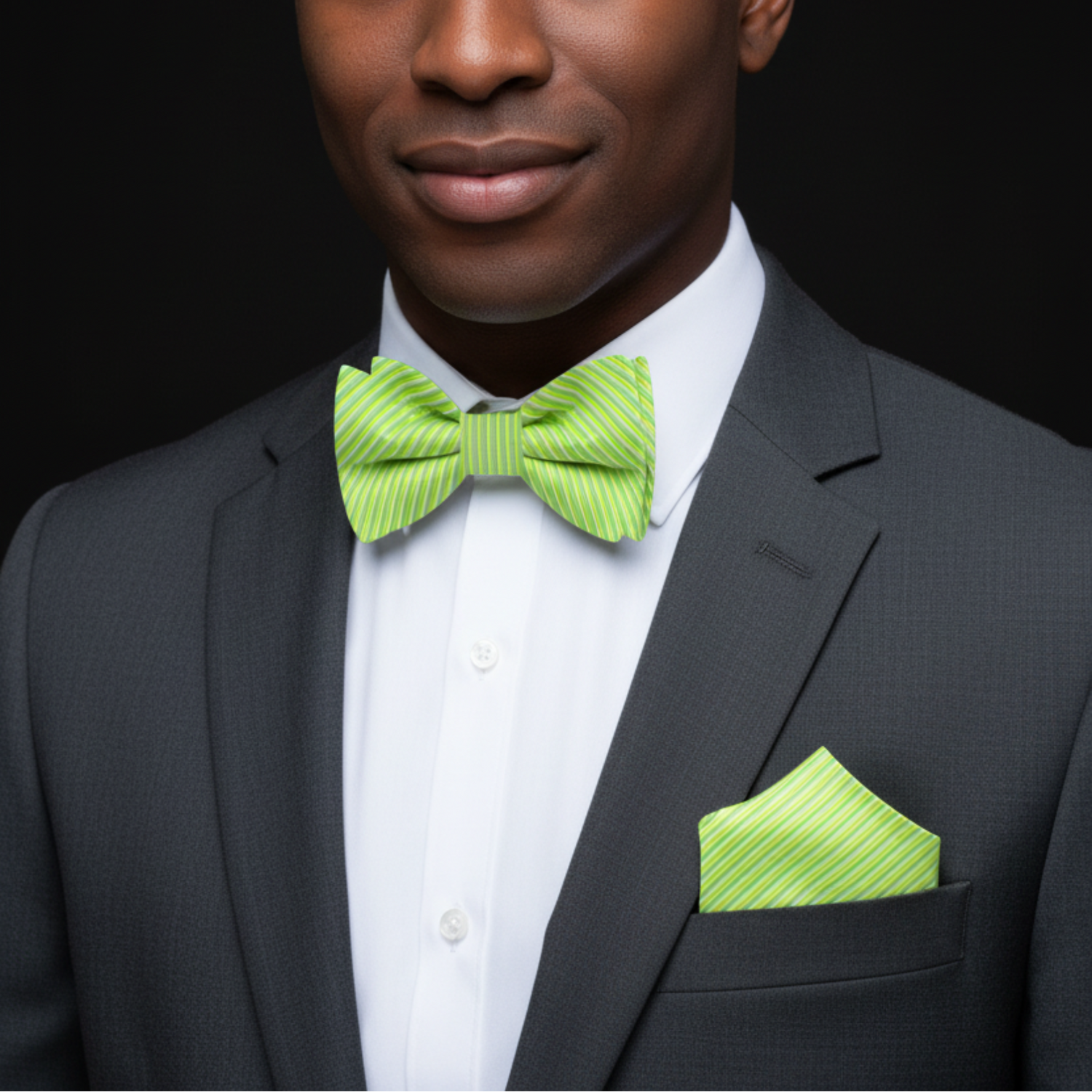 Man wearing a gray suit with a green bow tie and pocket square on a black background