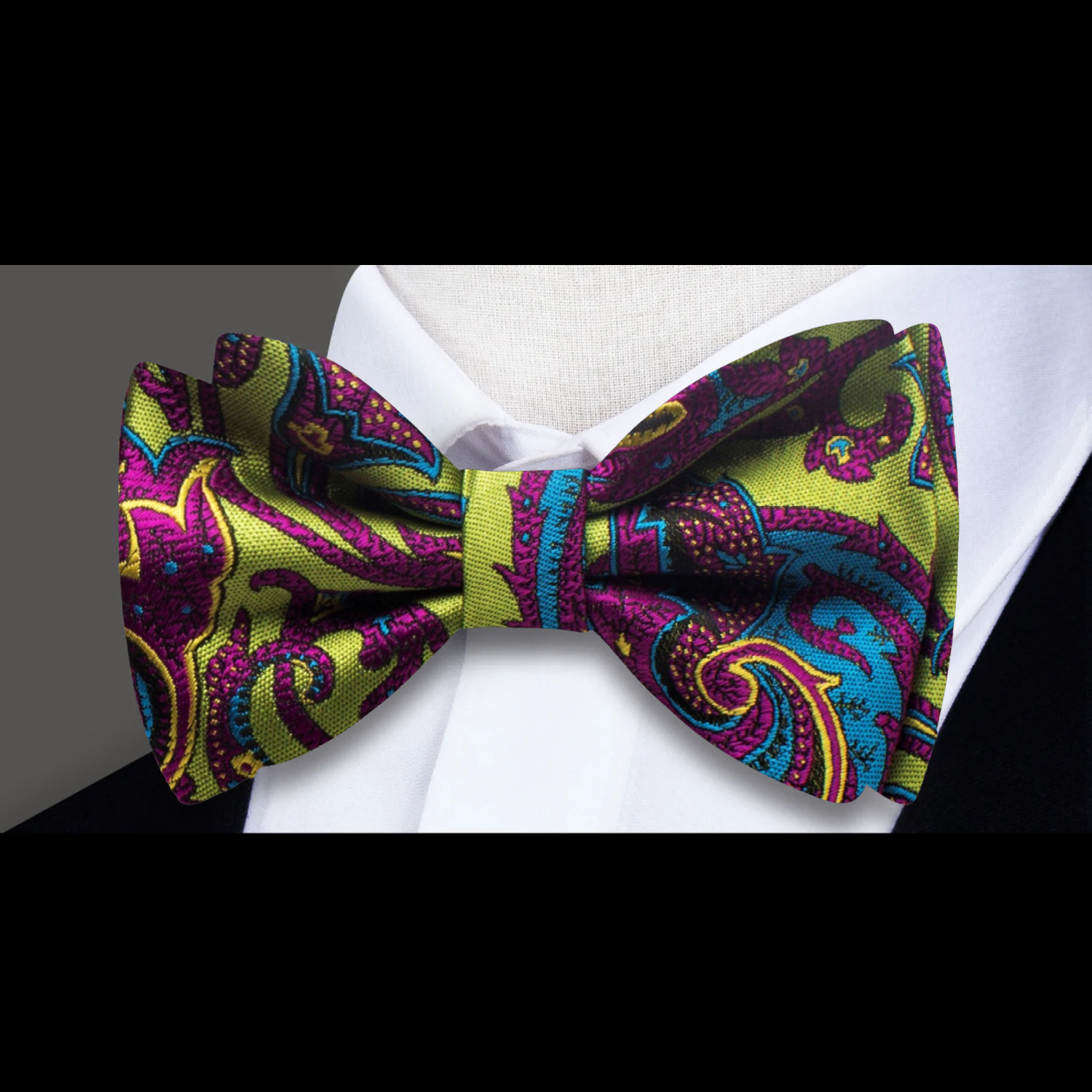 A Lime Green, Purple, Blue Detailed Paisley Pattern Self Tie Bow Tie 